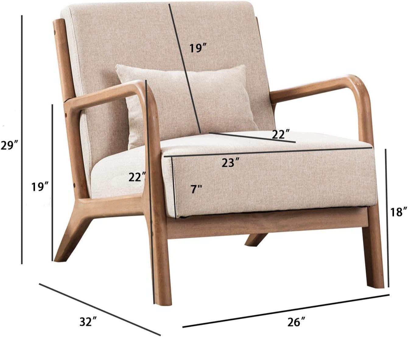 Bonzy Home Mid Century Modern Accent Chair, Single Fabric Lounge Reading Armchair with Solid Wood Frame, Easy Assembly Arm Chairs for Living Room, Beige