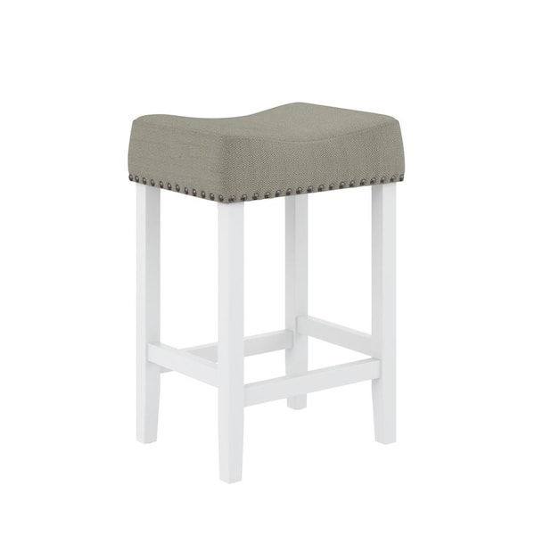 Hylie 24 in. Gray Fabric Cushion White Finish Nailhead Wood Counter Height Bar Stools, Set of 4