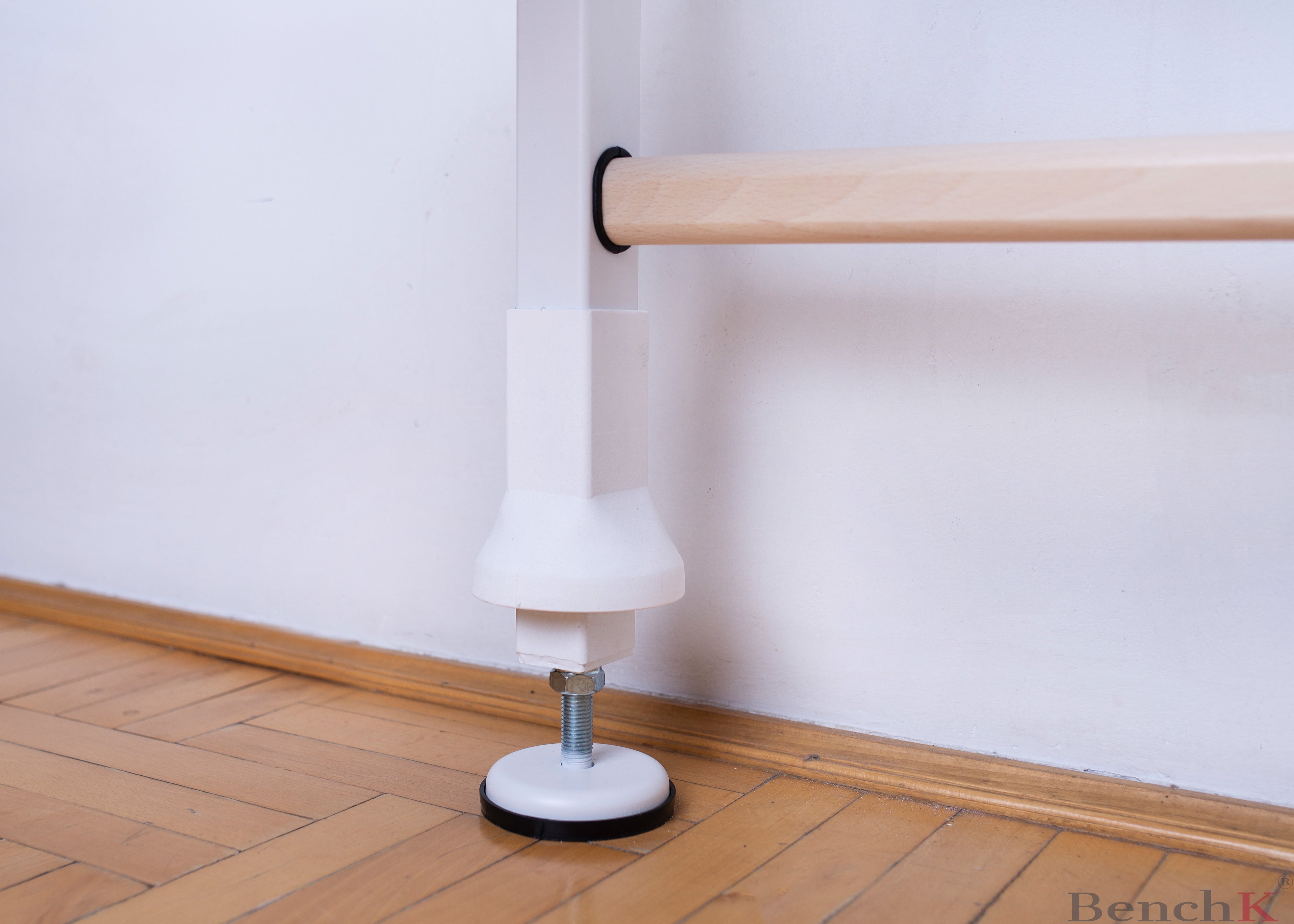 BenchK 521 White Wall bars that allow floor-to-ceiling mounting or the standard wall installation with fixed steel 2-grip pull-up bar