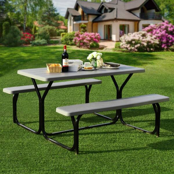 54 in. x 59 in. x 28.5 in.  Gray HDPE Rectangle Picnic Table Bench Set with Metal Base for Outdoor Camping All Weather