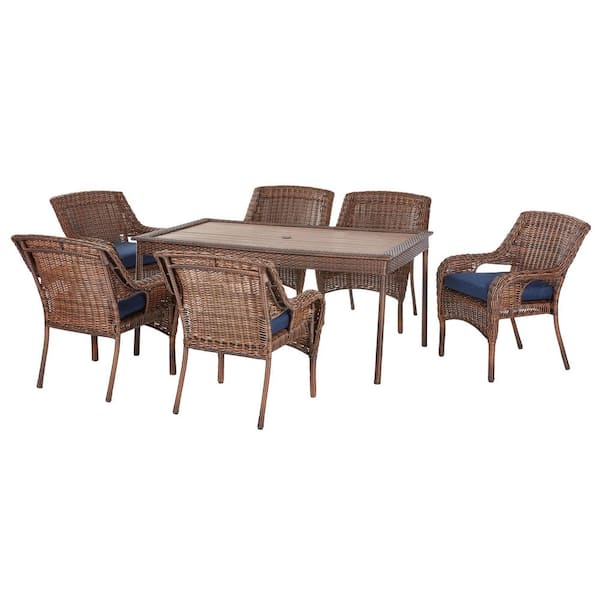 Cambridge 7-Piece Brown Wicker Outdoor Patio Dining Set with CushionGuard Midnight Navy Blue Cushions
