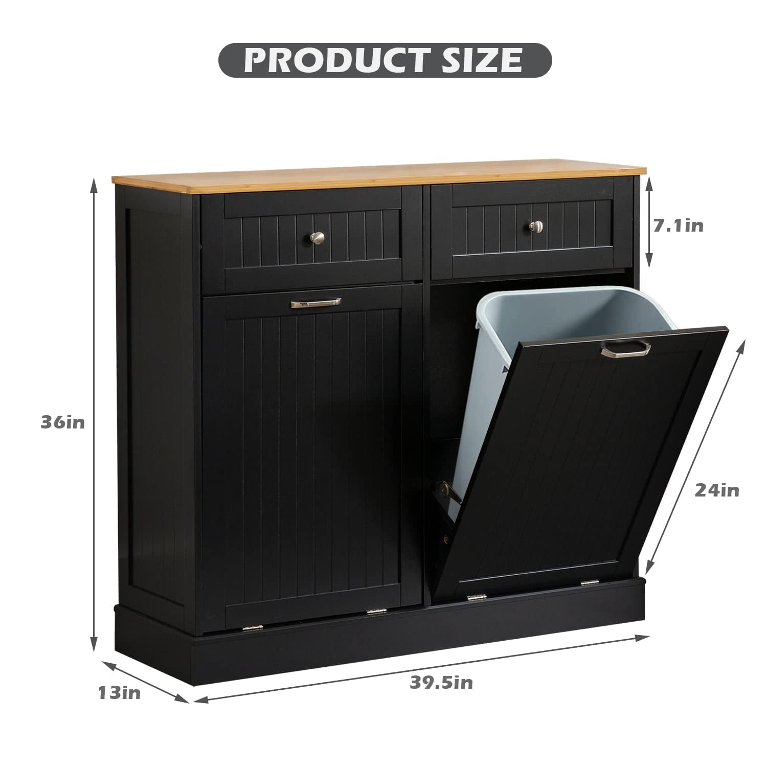 Reliancer Kitchen Trash Cabinet - Double Tilt Out Trash Cabinet with 2 Hideaway Drawers, Solid Wood Tabletop - Free Standing Recycling Cabinet - Pet Proof Trash Can Holder with Storage, Black