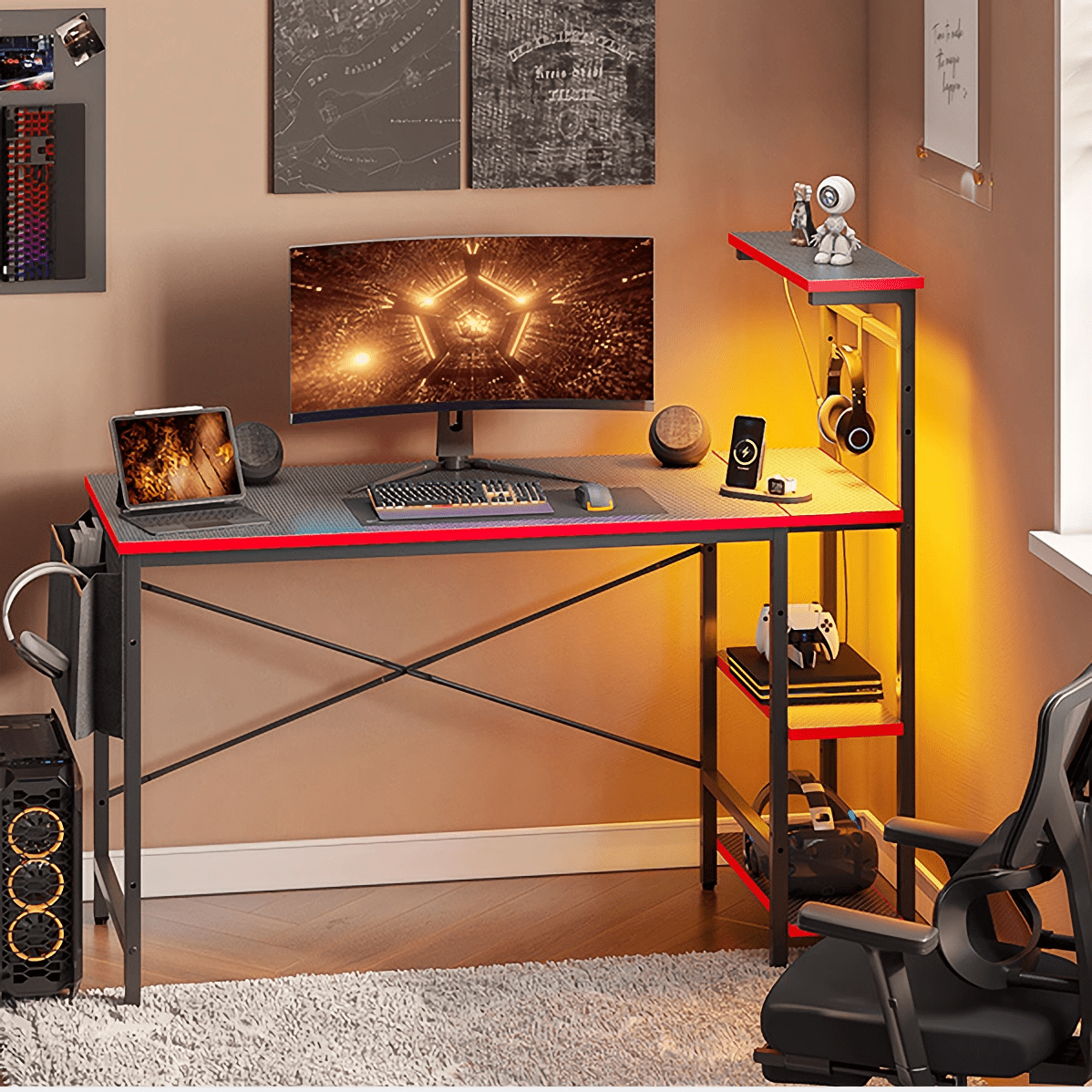 Bestier 52 inch Gaming Computer Desk with LED Lights & Shelves Carbon Fiber, Reversible desk