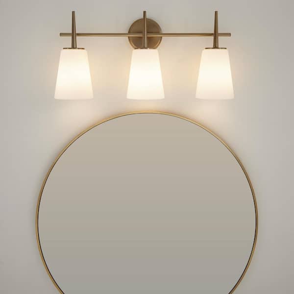 Driscoll 24.5 in. W. 3-Light Modern Satin Brass Bathroom Vanity Light with Inside White Painted Etched Glass