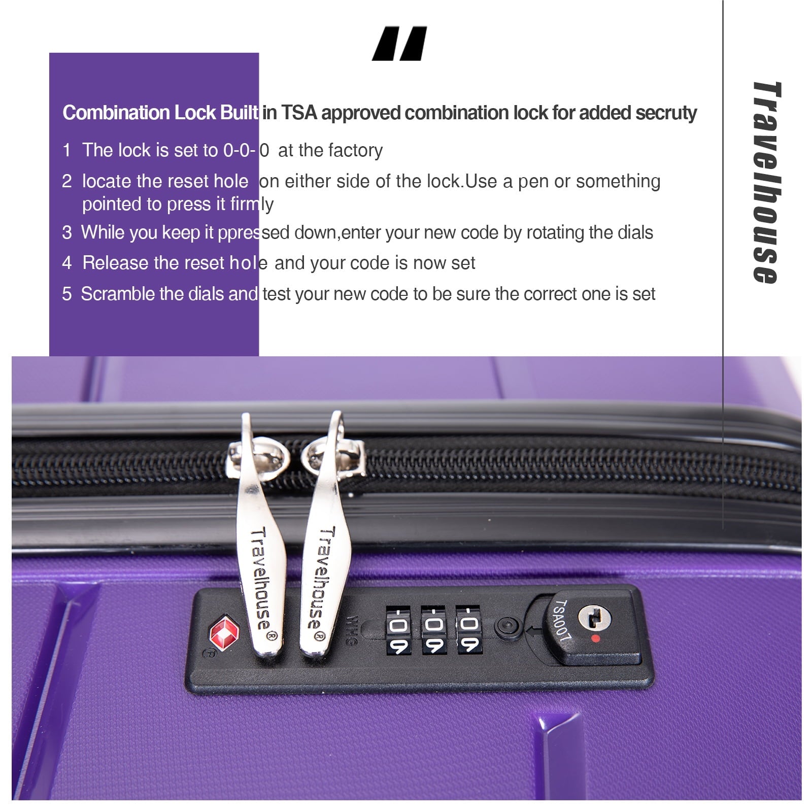 Travelhouse 3 Piece Luggage Set Hardshell Lightweight Suitcase with TSA Lock Spinner Wheels.(Purple)
