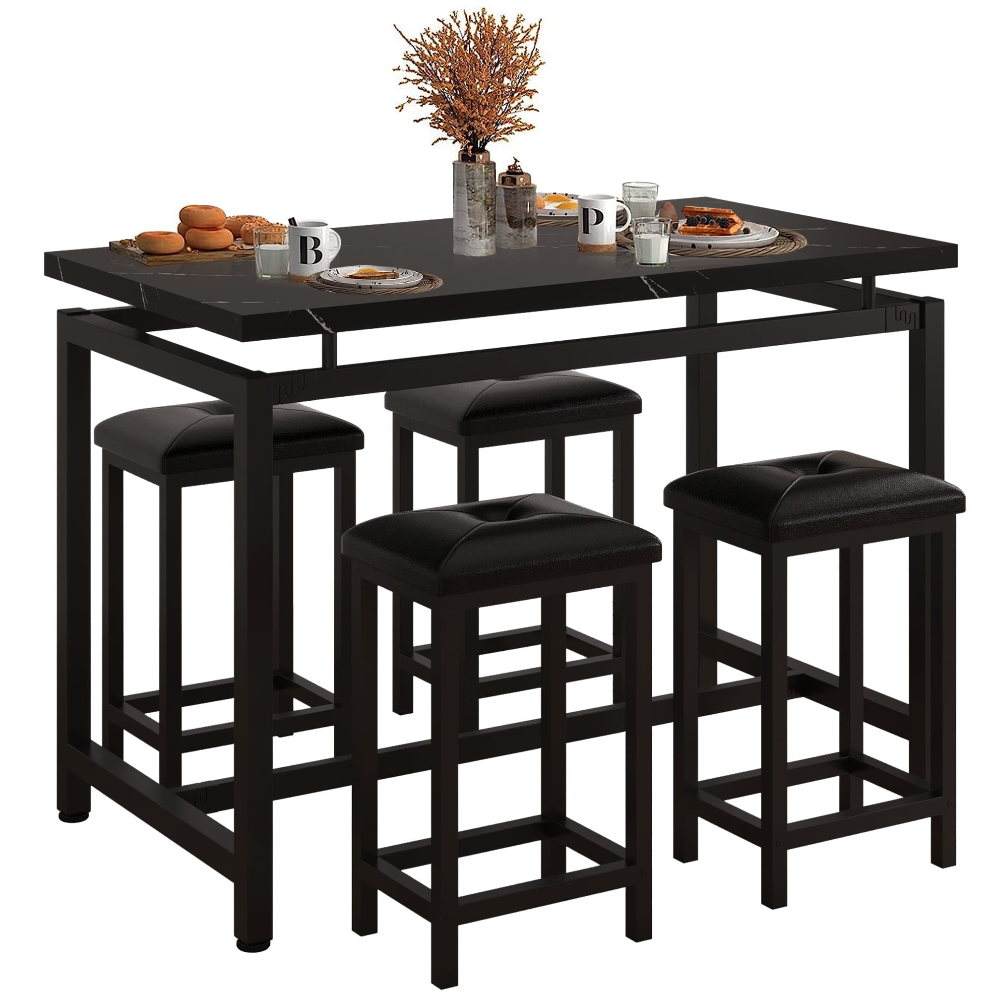 Counter Height Dining Set for 4, BTMWAY 5-Piece Bar Height Dining Room Table Sets, Faux Marble Dining Table and 4 Upholstered Chairs Set, Space Saving Metal Frame Breakfast Diner Table Set, Black