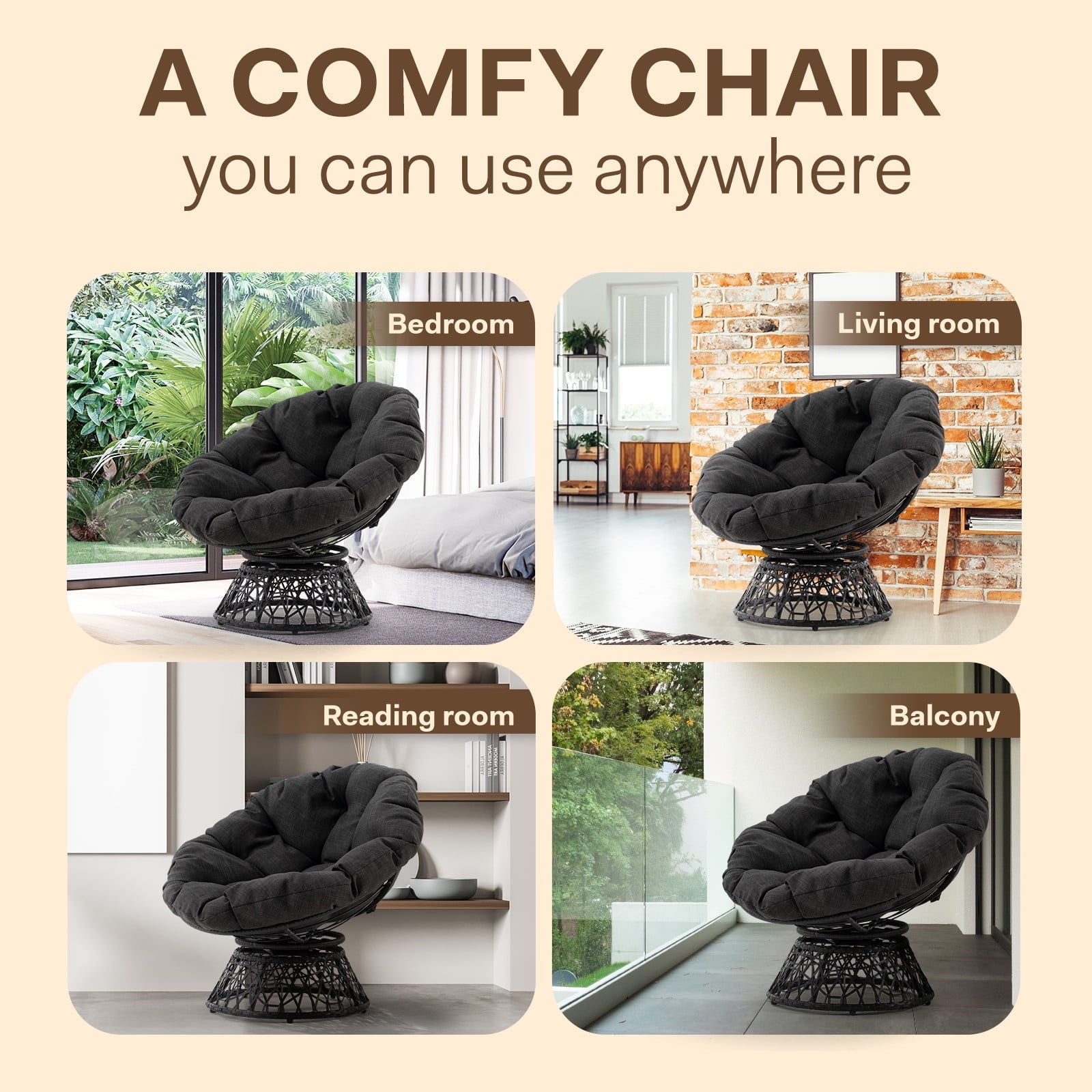 Aile Papasan Chair Soft Thick Density Fabric Cushion Steel Frame with 360 Degree Swivel, Black