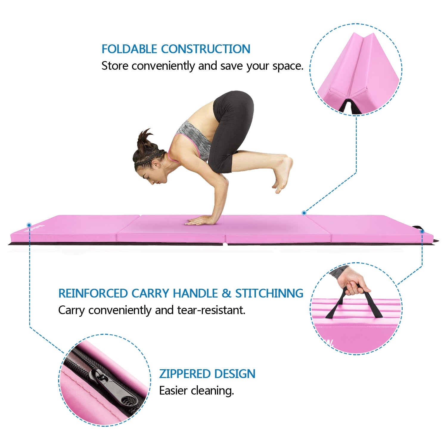 Matladin 8' Folding Gymnastics Gym Exercise Aerobics Mat, 8ft x 2ft x 2in PU Leather Tumbling Mats (Pink)