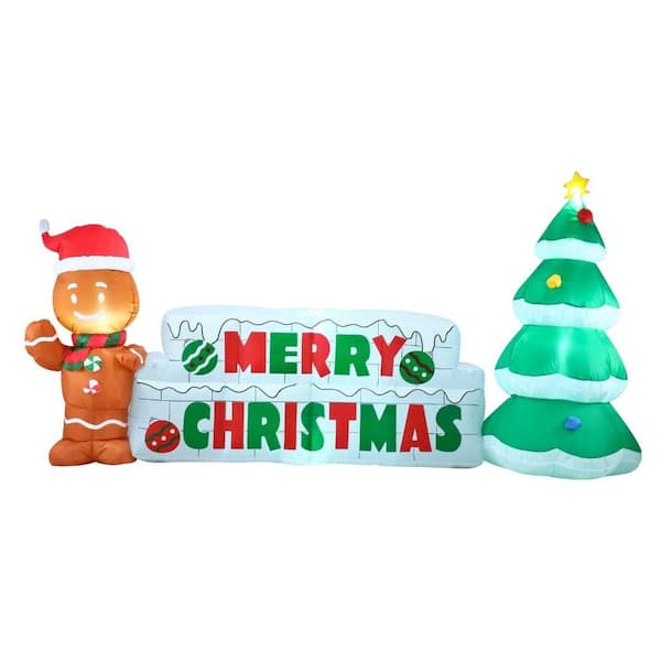 3.6 ft. Tall 10 in. Width Green, White & Brown Plastic Merry Christmas with Tree & Gingerbread Man Inflatable
