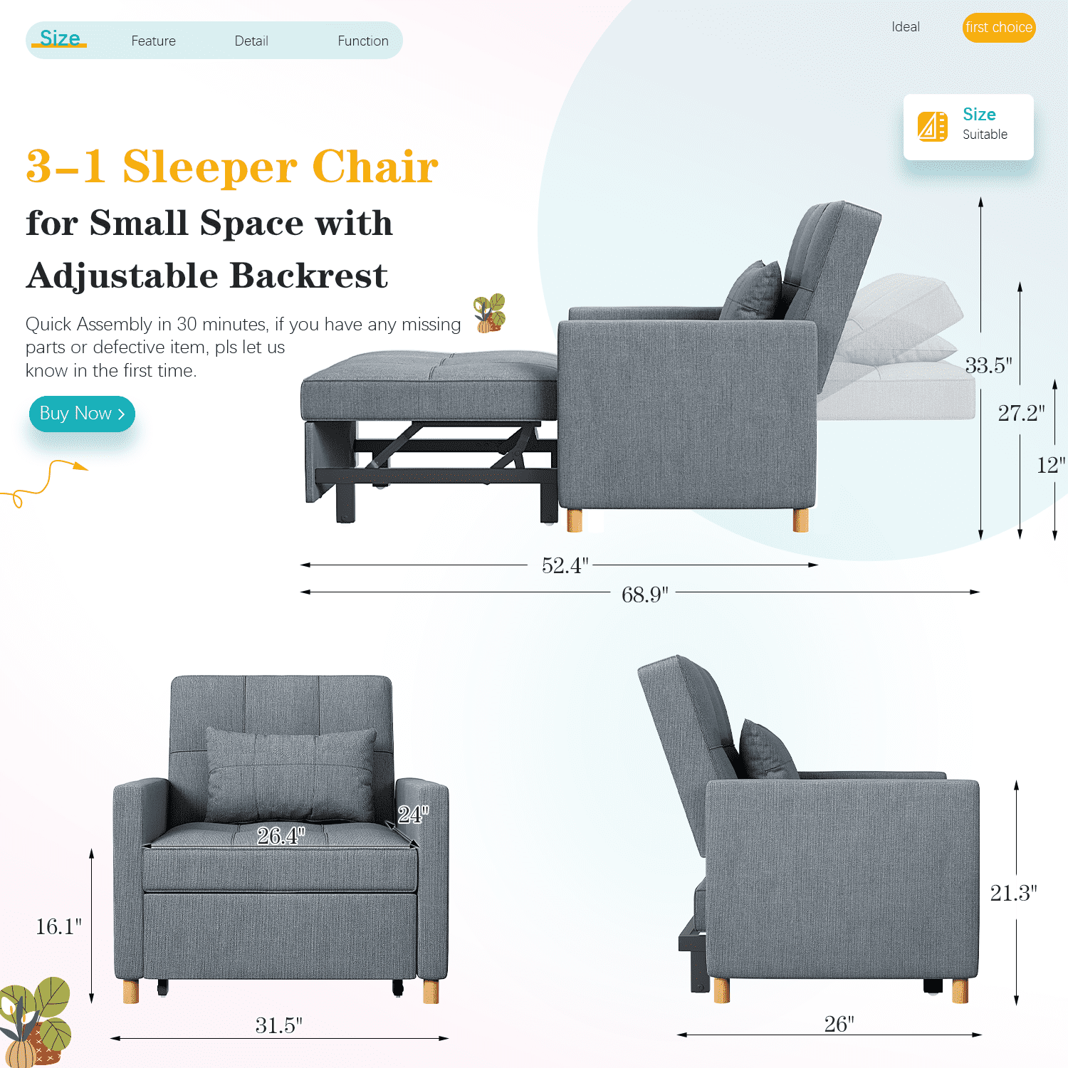YODOLLA Sleeper Sofa Chair 3 in 1 Sleeper Chairs for Adults Pull Out Chair Bed Sleeper with Extra Pillow and Convertible Backrest Multi-Functional Fold Out Chair Bed for Small Space (Dark Grey)