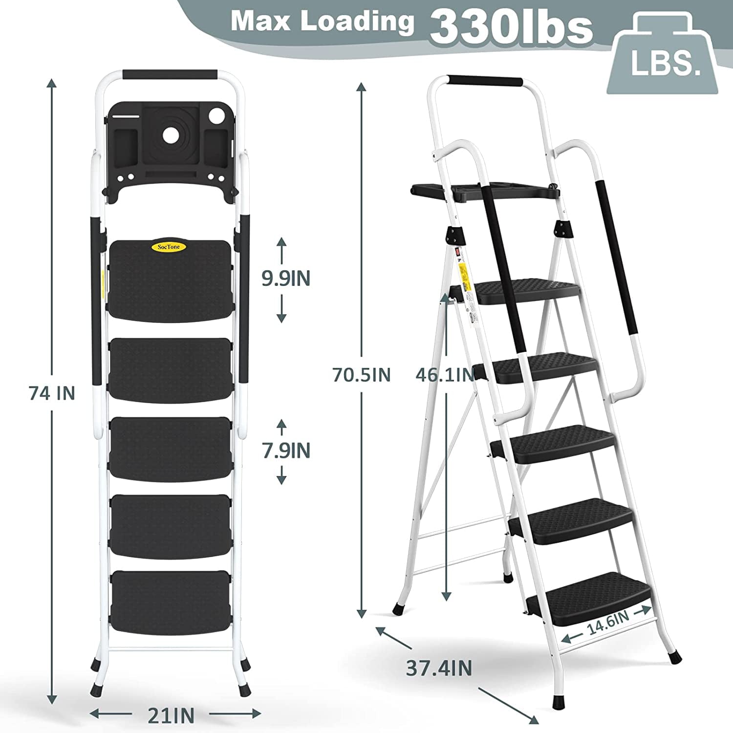 HBTower Folding 5-Step Ladder, 330lbs, with Handrails and Tool Tray and Anti-Slip Pedal, White