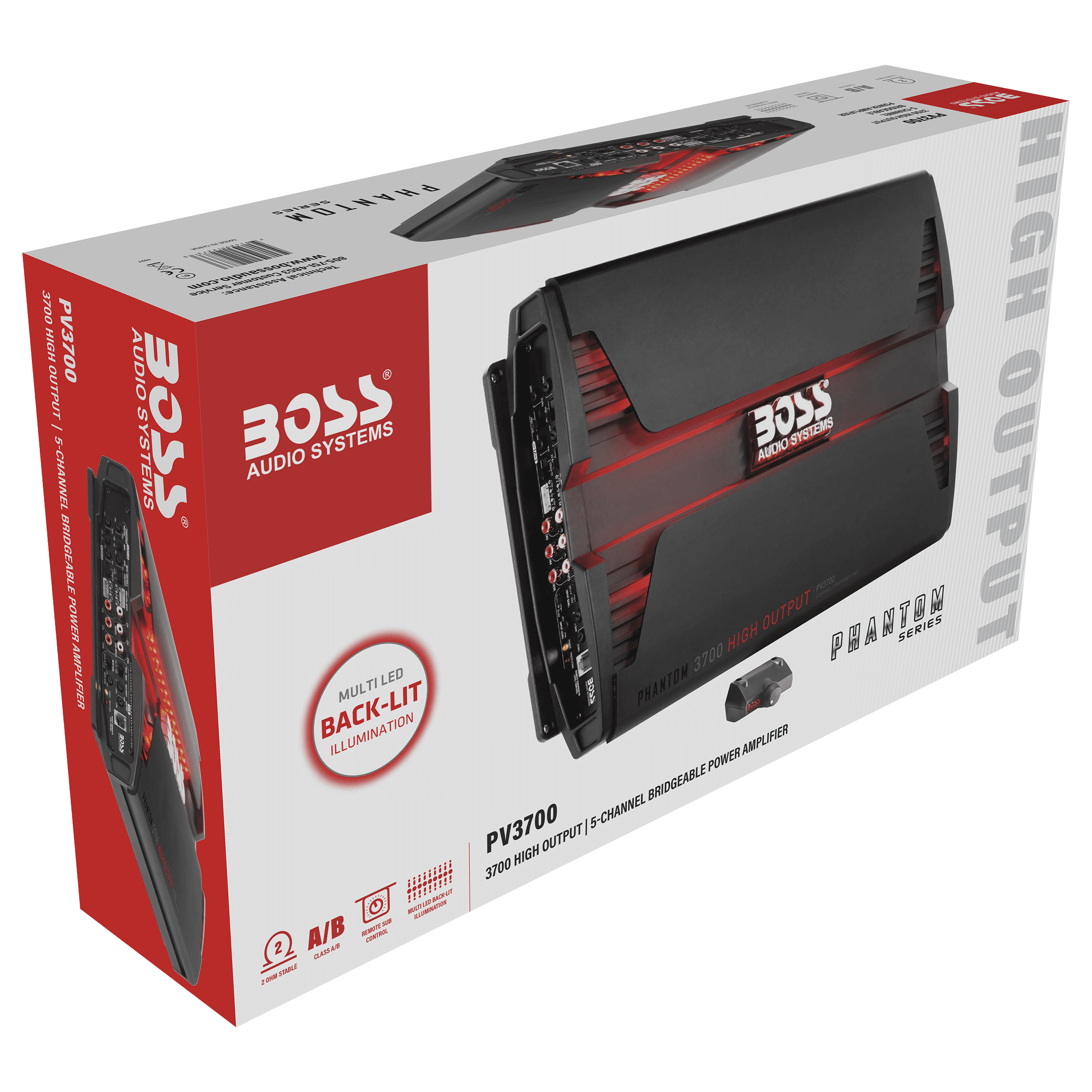 BOSS Audio Systems PV3700 5 Phantom Series Car Audio Amplifier – 3700 High Output, 5 Channel, 2/4 Ohm Stable, Low/High Level Inputs, High/Low Pass Crossover, Full Range, Bridgeable, Subwoofer