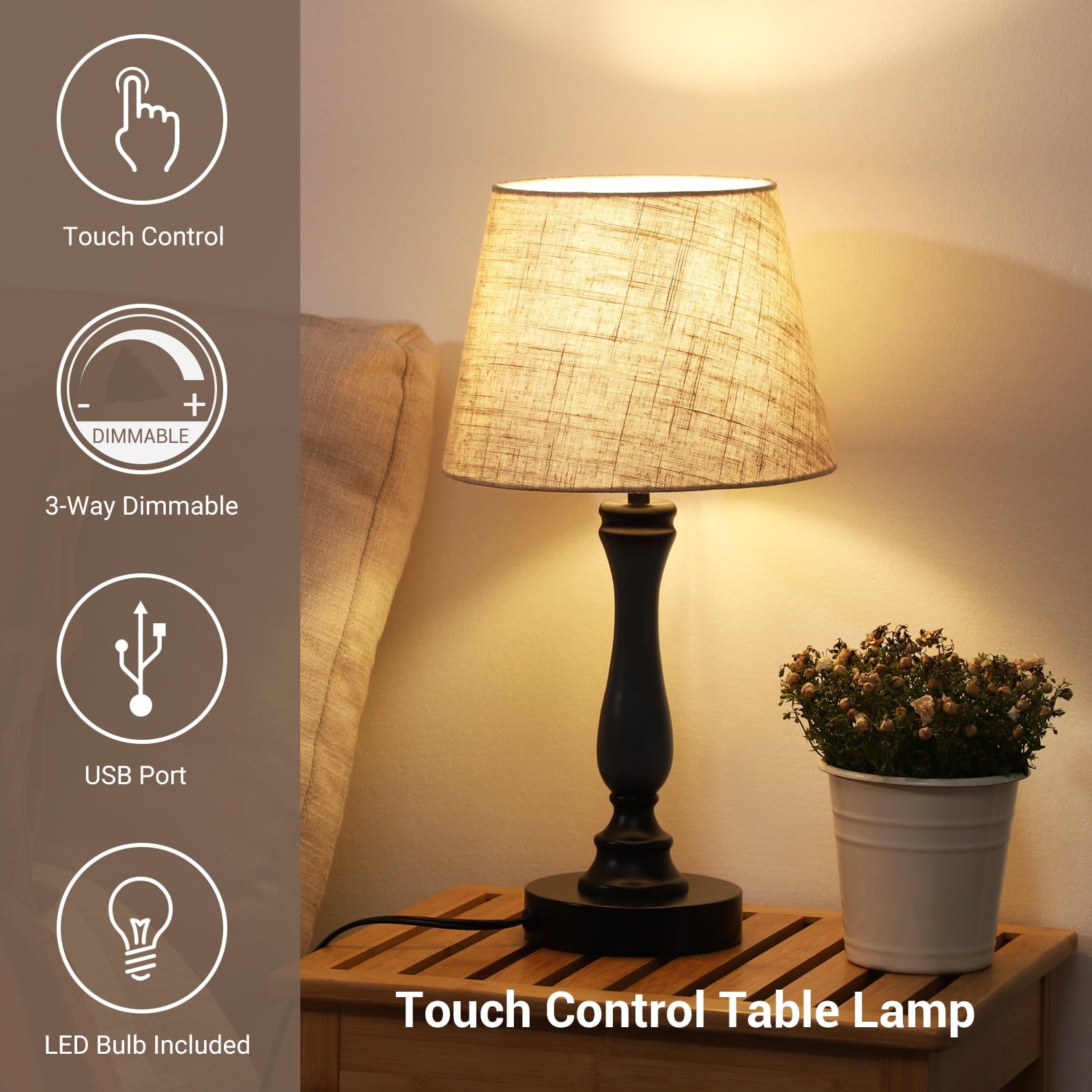 DEWENWILS Touch Control Table Lamp 3-Way Dimmable with 2 USB Ports,  Black Metal Lamp for Living Room, Bedroom, LED Bulb Included