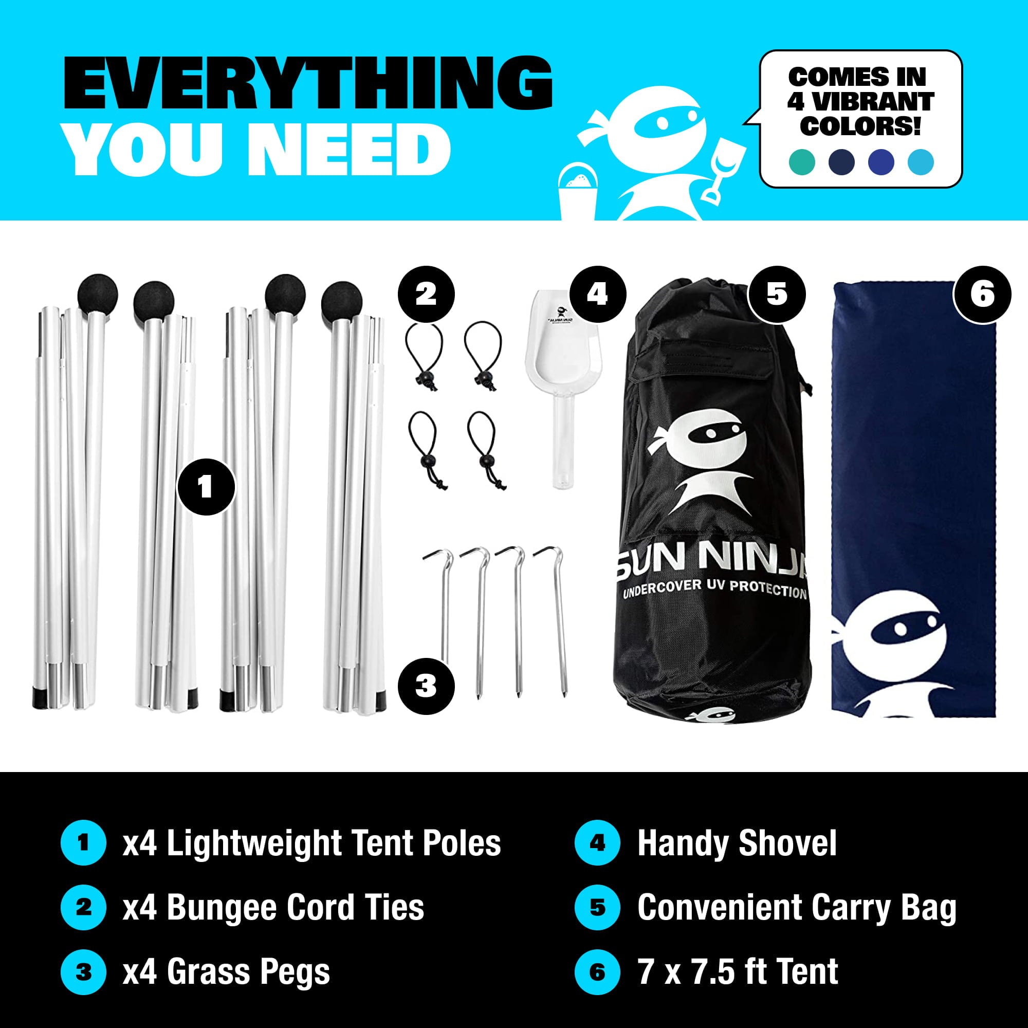 SUN NINJA Pop Up Turquoise Beach Tent UPF50+ with Shovel, Pegs & Stability Poles