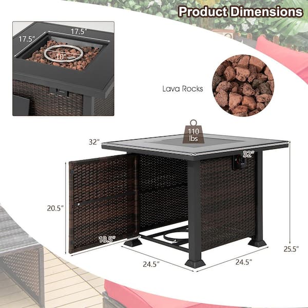 32 in. Propane Fire Pit Table 50,000 BTU Square Firepit Heater w/Lava Rocks Cover