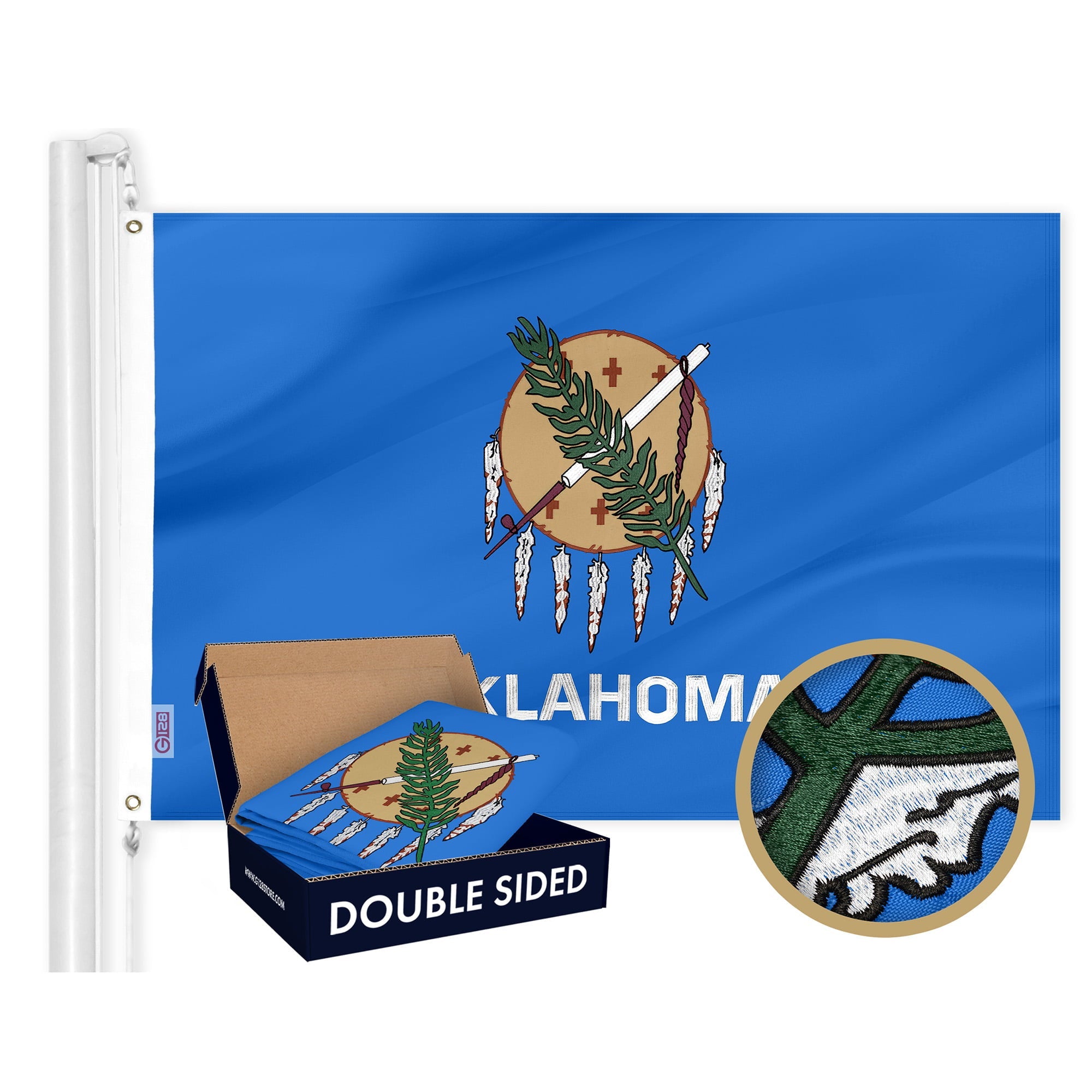 G128 Combo Pack: American USA Flag ToughWeave Series 3x5 Ft Single Sided & Oklahoma OK State Flag Double Sided 3x5 Ft Double ToughWeave Series | Both Embroidered Polyester, Brass Grommets