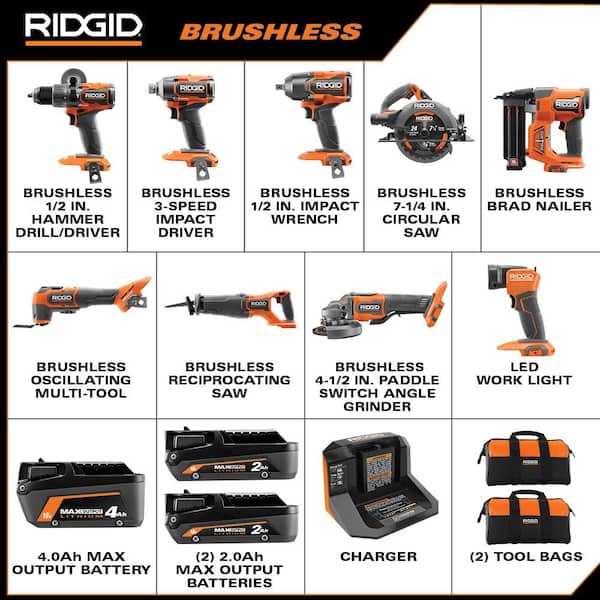 18V Brushless Cordless 9-Tool Combo Kit with (2) 2.0 Ah and (1) 4.0 Ah MAX Output Batteries, Charger, and Tool Bag