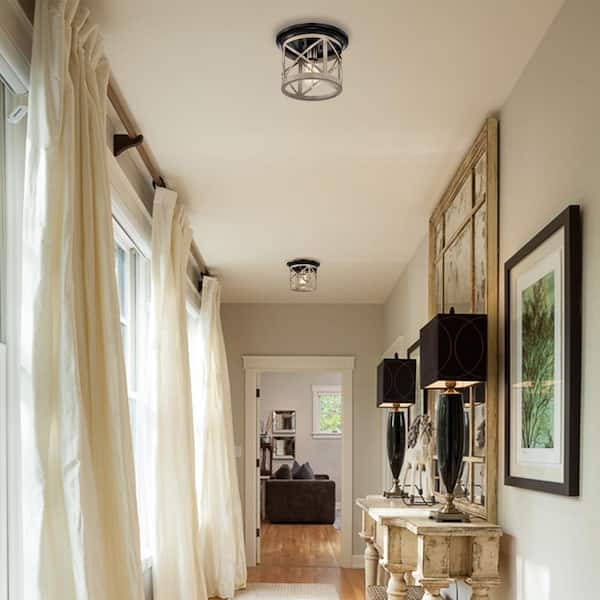 9.75 in. 1-Light Oil-Rubbed Bronze and Briarwood Finish Cage Drum Flush Mount