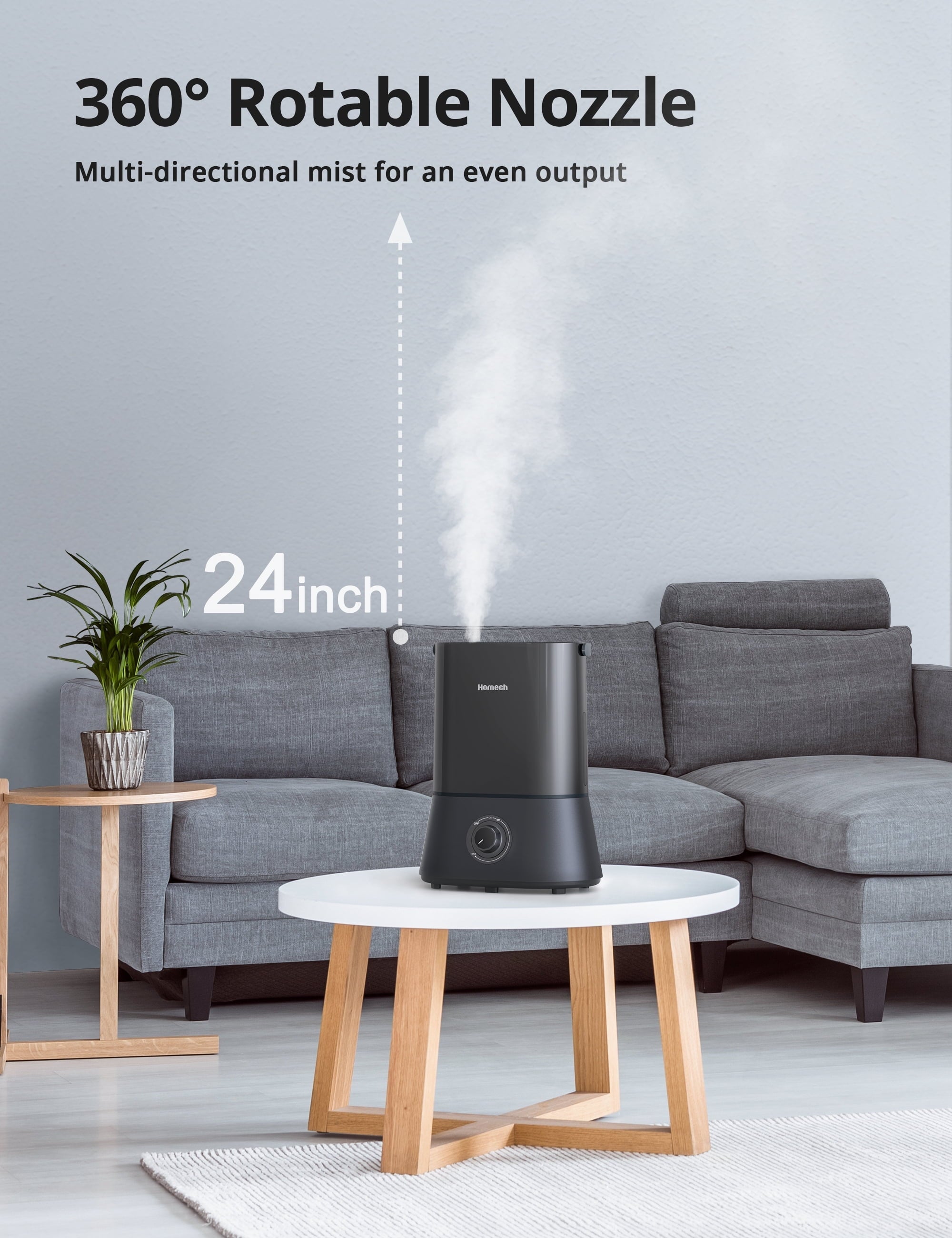 HOMECH Quiet Ultrasonic Cool Mist Humidifier(4L, 1.06 Gallon) 12-60 Hours, 360° Nozzle, Waterless Tank Removal Auto Shut-off (Black)