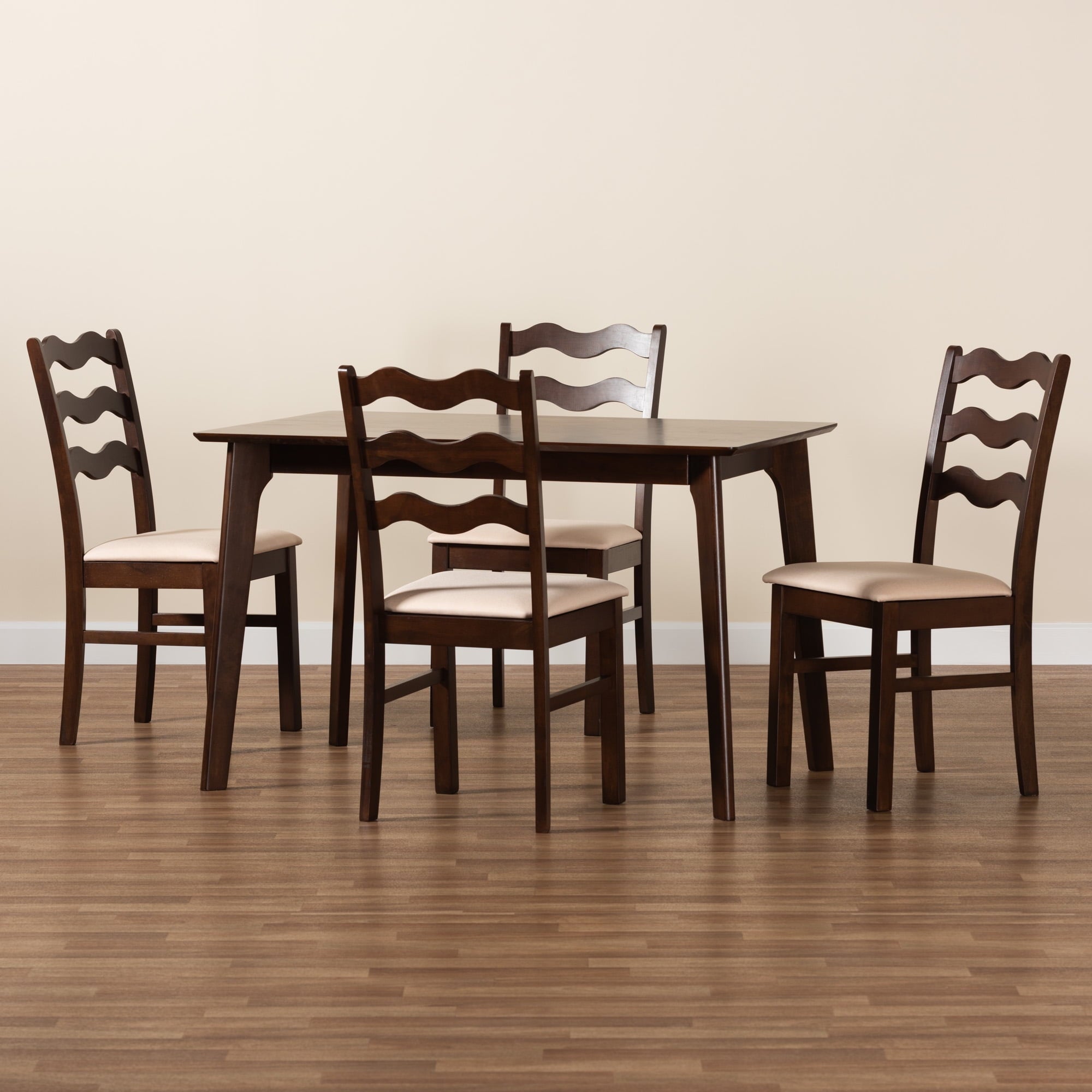 Baxton Studio Amara Mid-Century Modern Cream Fabric and Dark Brown Finished Wood 5-Piece Dining Set
