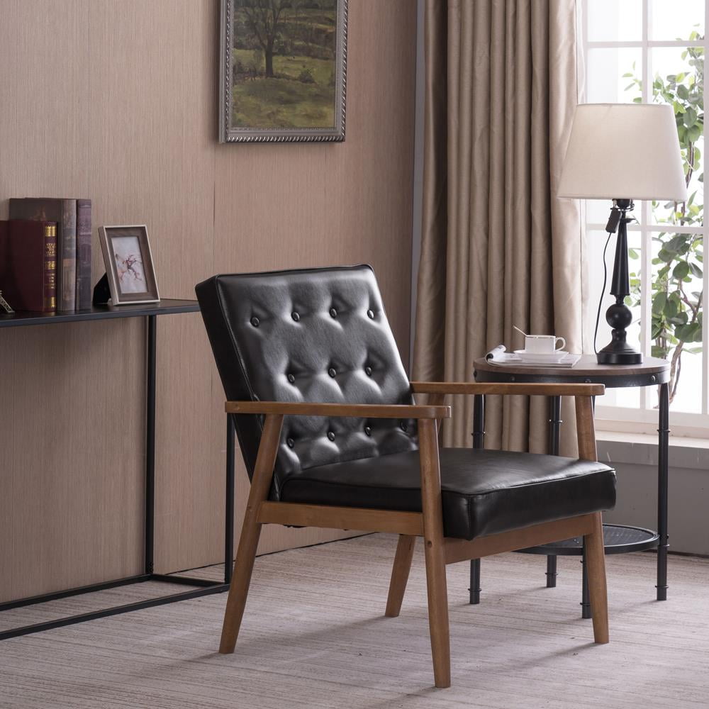 Ktaxon Mid Century Accent Chair, Wood Frame Armchair, Single sofa with Faux PU Leather Brown