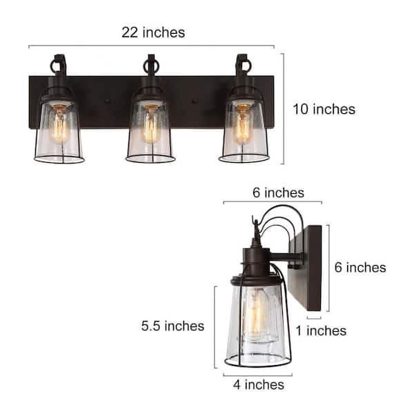 Farmhouse Rustic Oil-Rubbed Bronze Vanity Light, 22 in. 3-Light Cage Bathroom Wall Sconce with Seeded Glass Shades