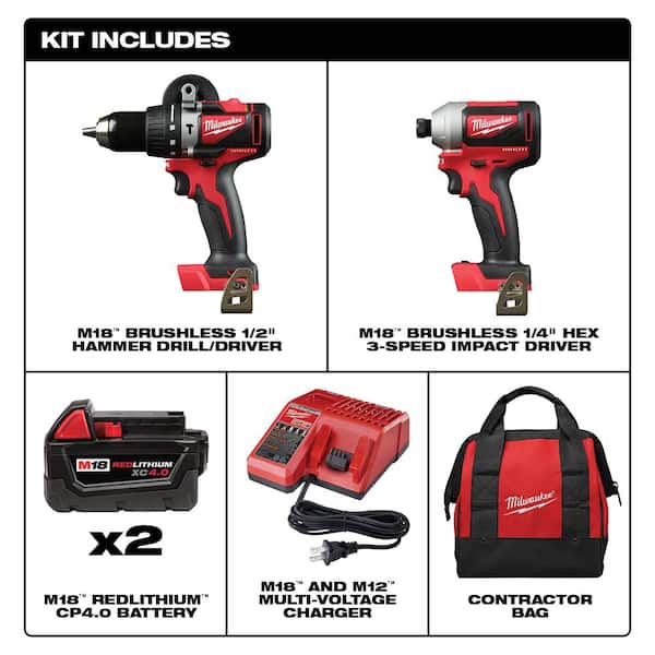 M18 18V Lithium-Ion Brushless Cordless Compact Hammer Drill/Impact Combo Kit (2-Tool) with (2) 4.0Ah Batteries, Bag