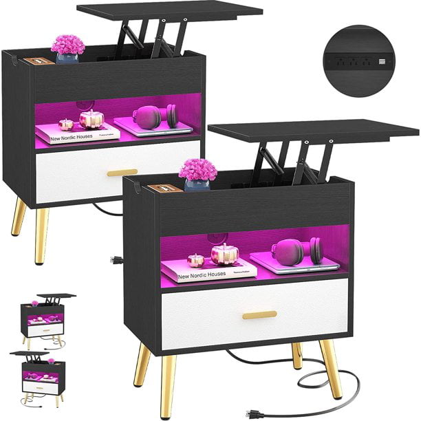 Homieasy Nightstands Set of 2 with Charging Station and USB ports, 35'' Large End Table with LED Lights, Modern Bedside Table with Drawer, Night Stands with Lift Top for Bedroom, Living Room, Grey