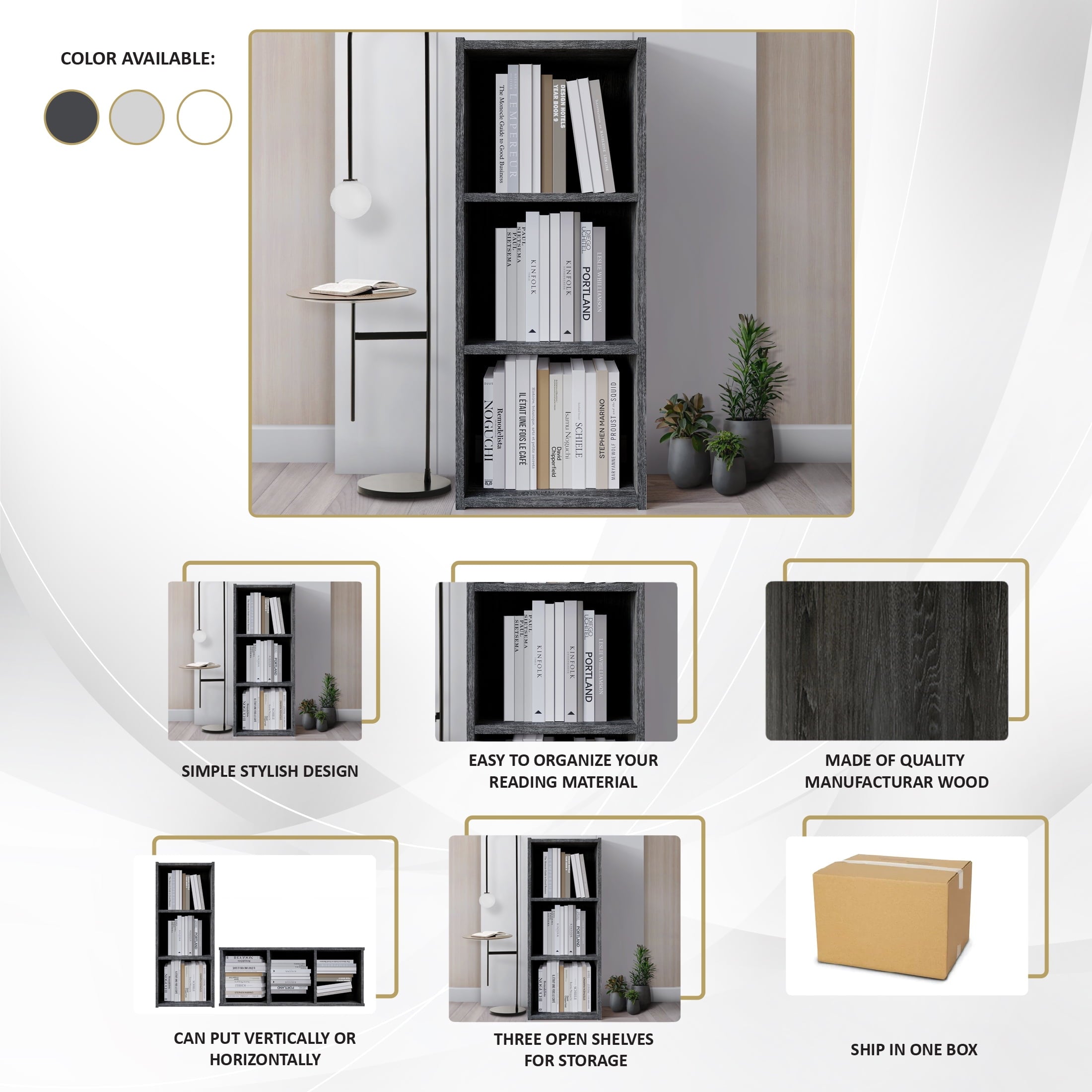 Castle Place Classic 3-Cube Open Shelf Bookcase, Dark Grey