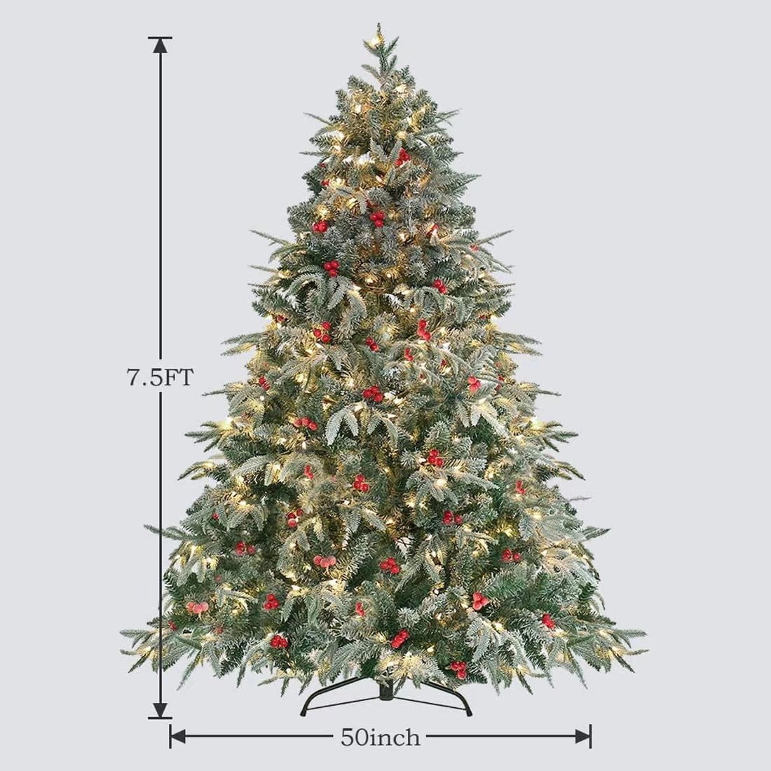 HOMAKER Pre-Lit 7.5ft Artificial Christmas Tree, Feel Real Snow Flocked PE Tree 750 Clear Lights, Red Berries