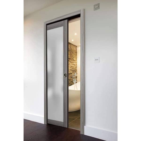 30 in. x 80 in. 1-Panel Grey Finished Solid Wood Sliding Door with Pocket Hardware