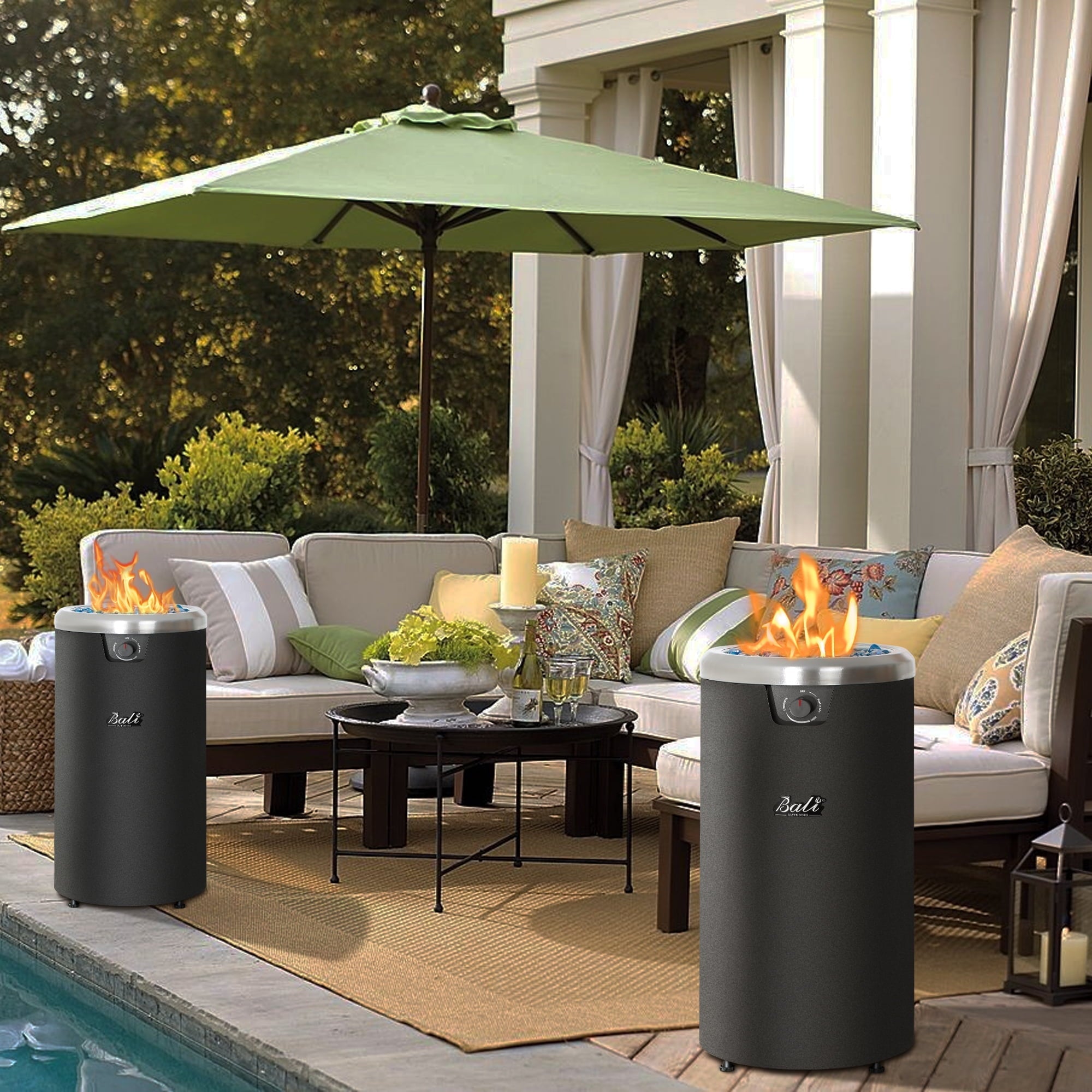 BALI OUTDOORS Round Propane Fire Pit Fire Column, 32-inch Tall Black Gas Fire Pit for Backyard and Garden