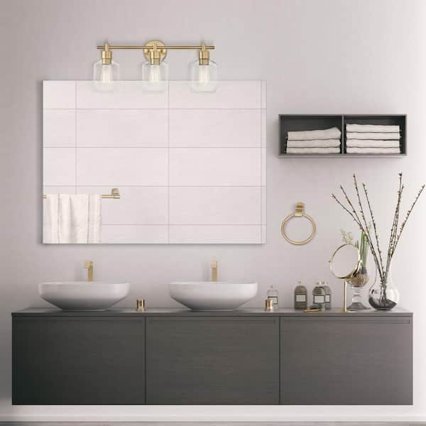 Cannes 24.5 in. 3-Light Brass Vanity Light with Clear Glass Shades and Bath Set (5-Piece)