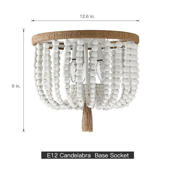 12.6 in. 3-Light Bohemia Antique White Wood Beaded Flush Mount Ceiling Light with Brown Rope Tassel