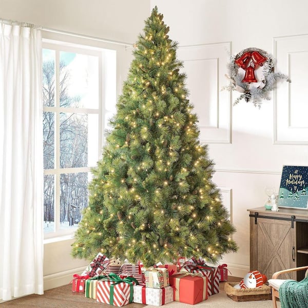 9 ft.. Prelit Artificial Christmas Tree with Pine Cones, Foot Pedal, 2294 Branch Tips, 1050 Warm Lights and Metal Stand