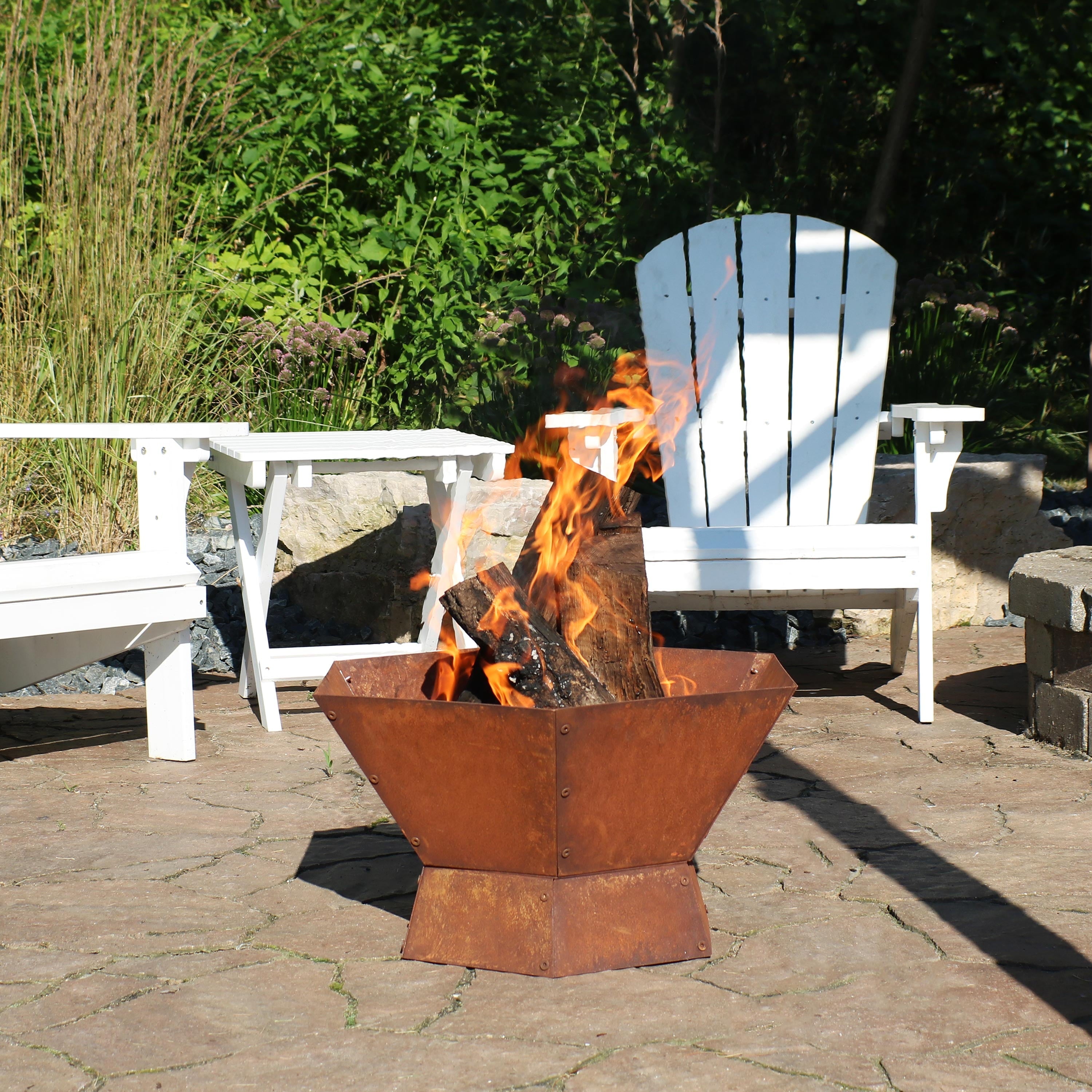 Sunnydaze Outdoor Camping or Backyard Hexagon Rustic Affinity Fire Pit Bowl on Pedestal Stand - 23