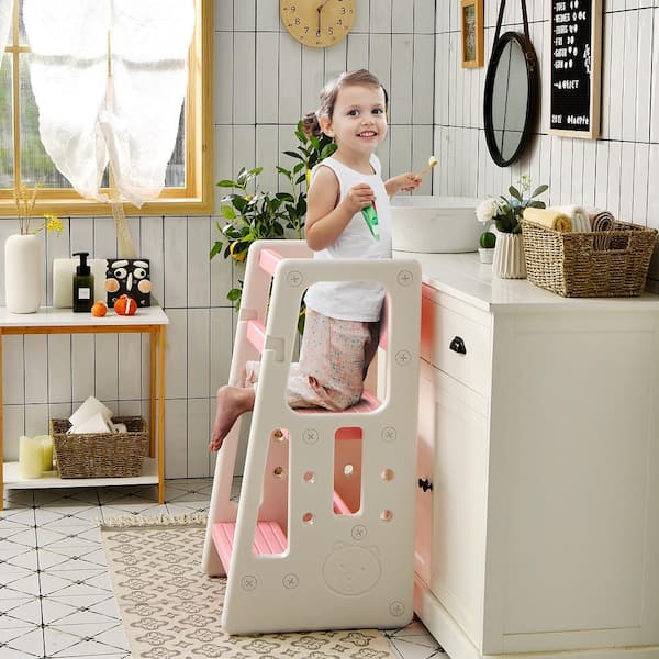 Kids Kitchen Step Stool with Double Safety Rails Toddler Learning Stool Pink
