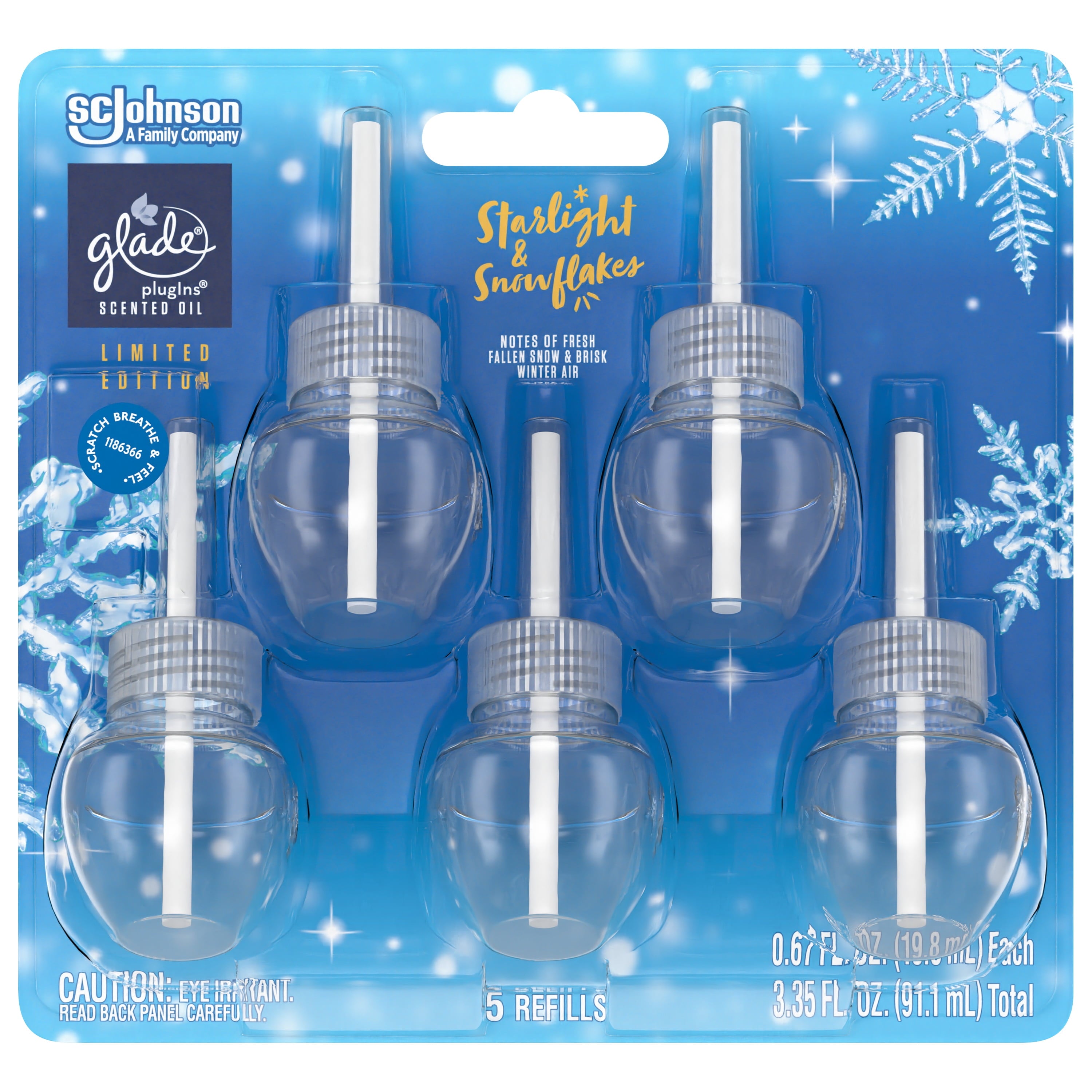 Glade PlugIns Scented Oil, Air Freshener, 5 Refills, Starlight & Snowflakes, 0.67 oz Each, 3.35 oz Total