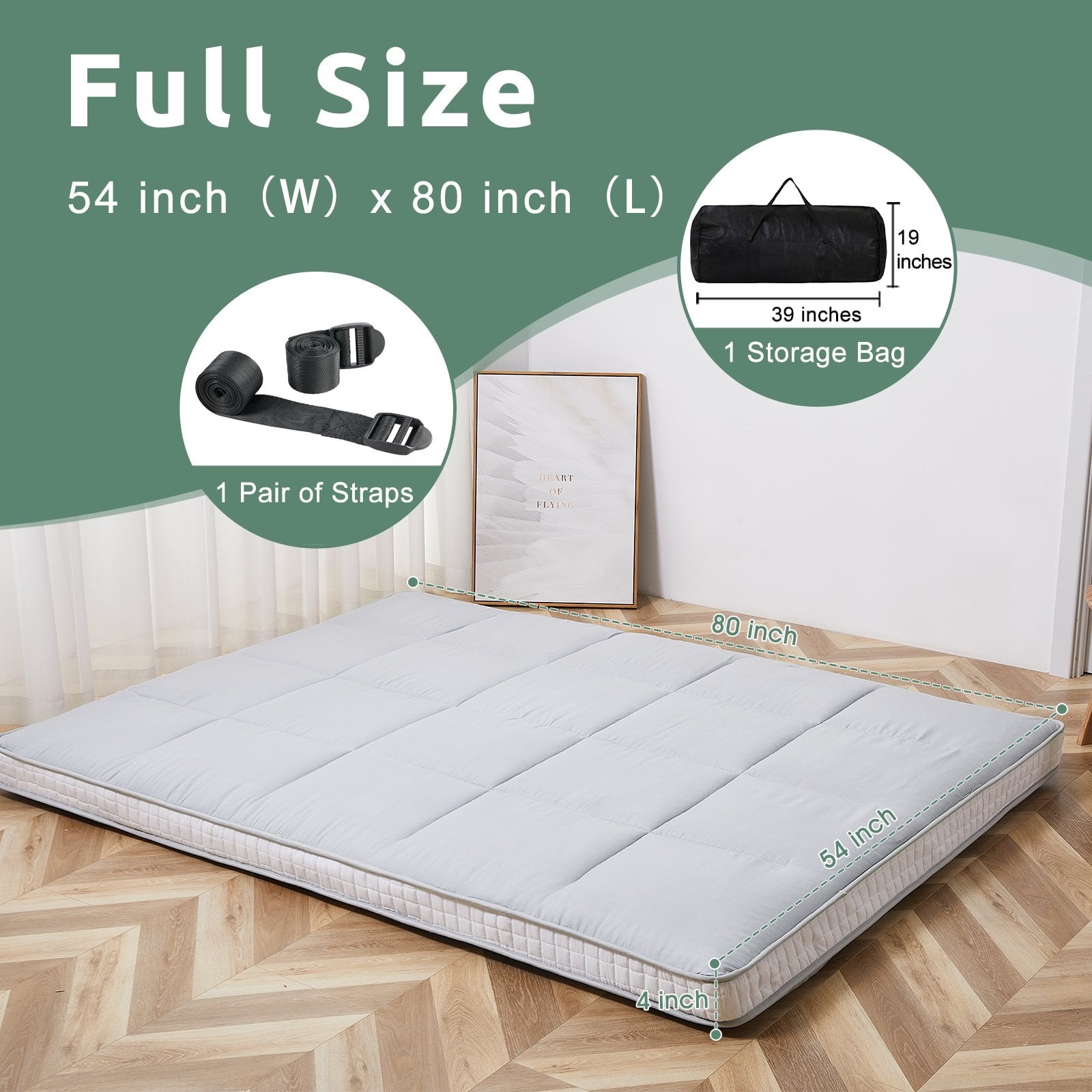 Japanese Floor Mattress,Futon Mattress, Extra Thick Folding Sleeping Pad, Tatami Mat Foldable Roll Up Mattress Gray, Full