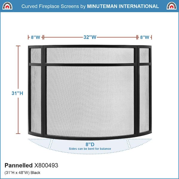 48 in. L, Black 3-Paneled Curved Fireplace Screen