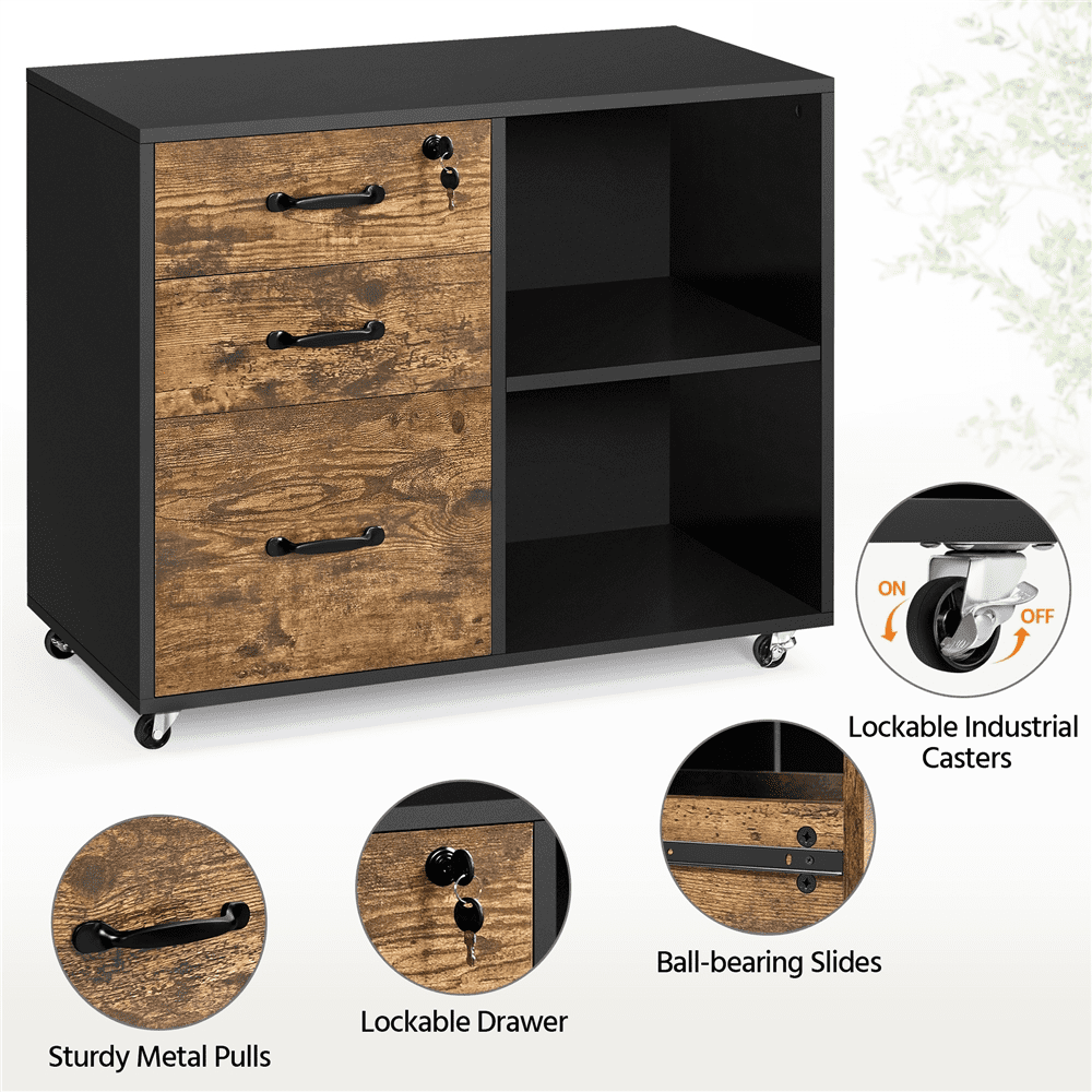 Smile Mart Rolling File Cabinet with 3 Drawers, Black/Rustic Brown