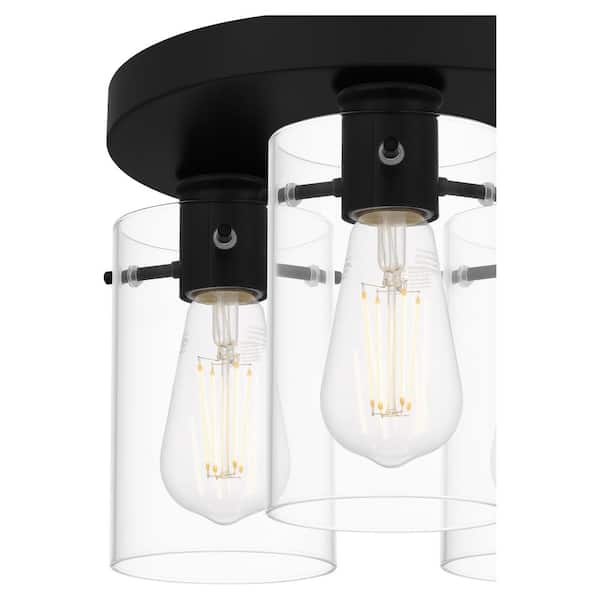 Regan 11.75 in. 3-Light Matte Black Flush Mount with Clear Glass Shades