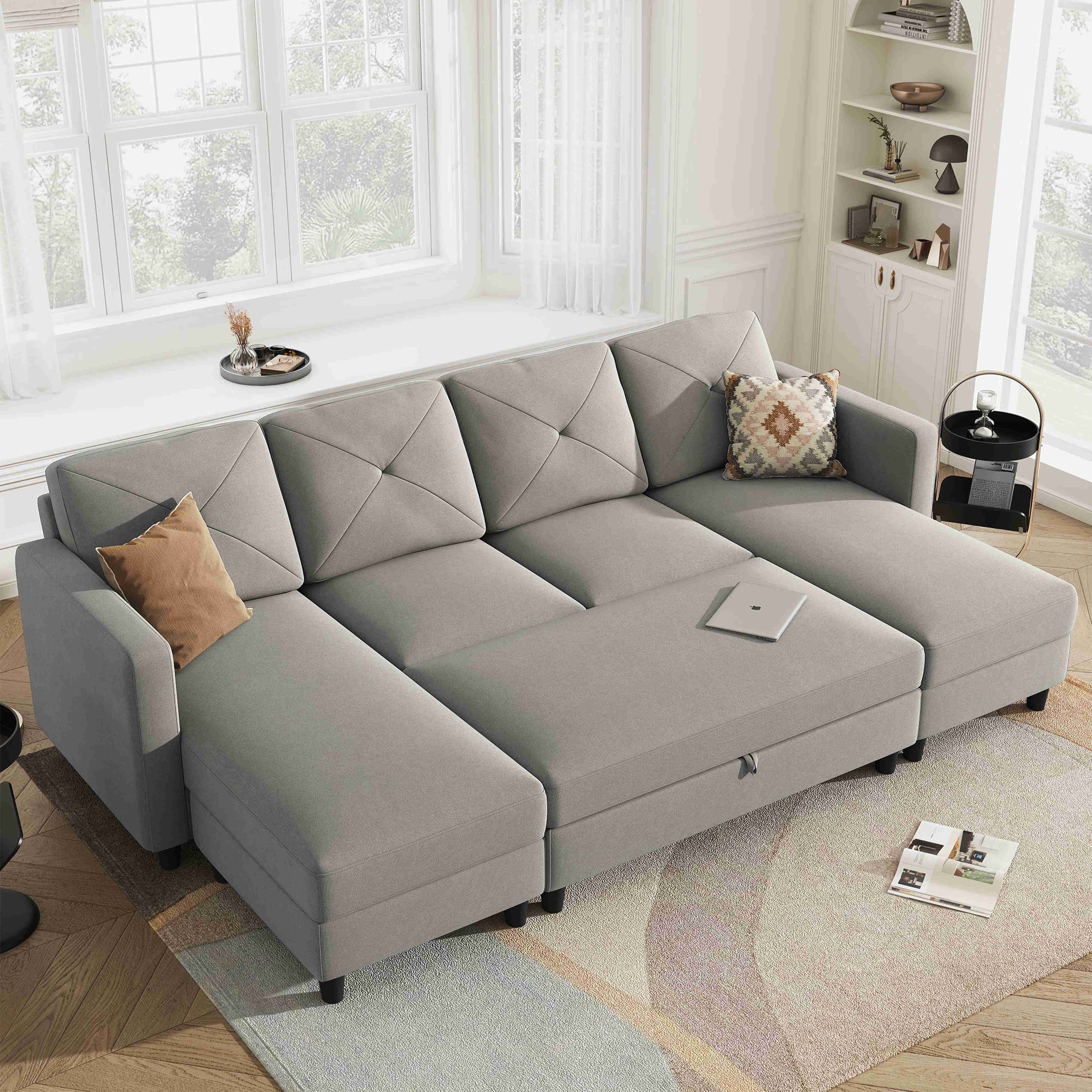HONBAY Modern Upholstered U-Shape Modular Sleeper Sectional Couch Sets with Ottomans, Light Grey