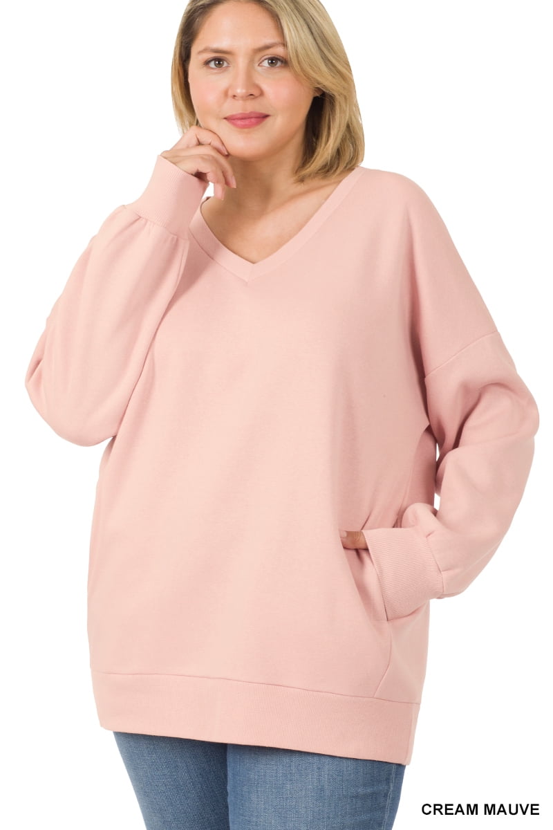 Zenana Women & Plus Basic Relaxed Long Sleeve V-Neck Sweatshirts w/Side Pockets