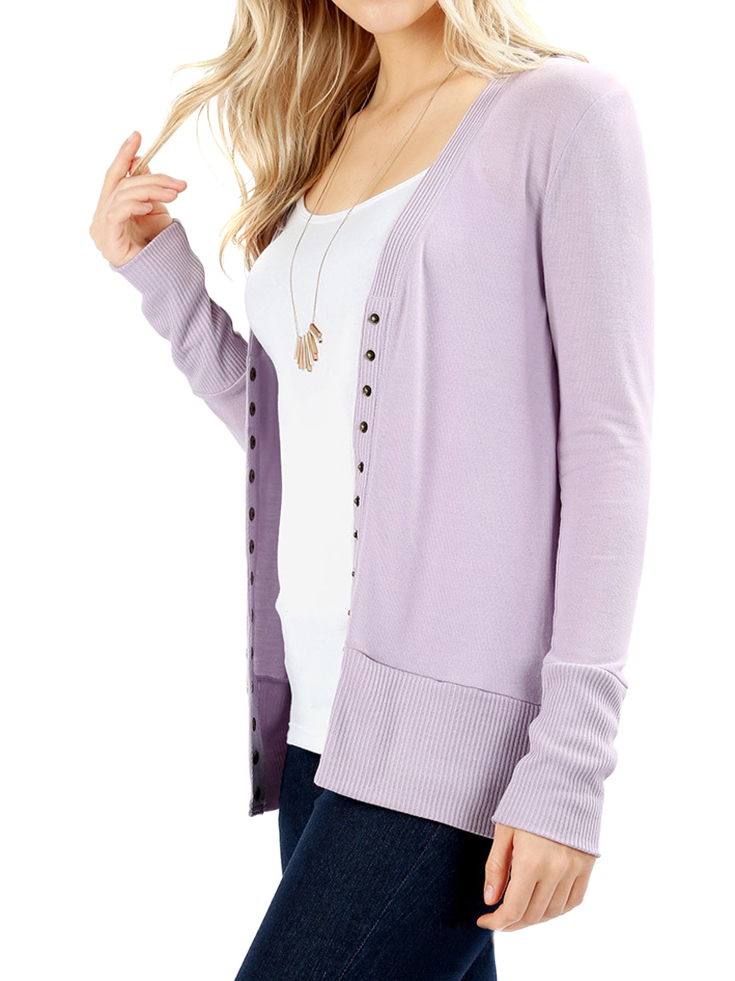 Zenana Women & Plus Classic Front V-Neck Thin Snap Button Down Long Sleeve Ribbed Knit Cardigan