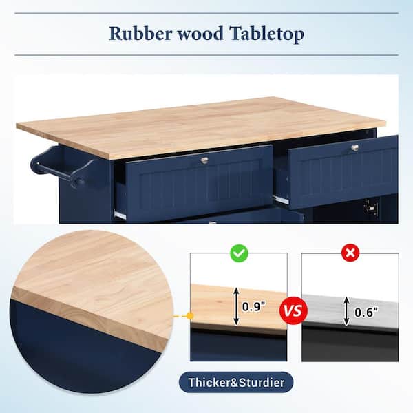 Blue Drop Leaf Rubber Wood Tabletop 50.3 in. Kitchen Island with 2-High Quality Stools