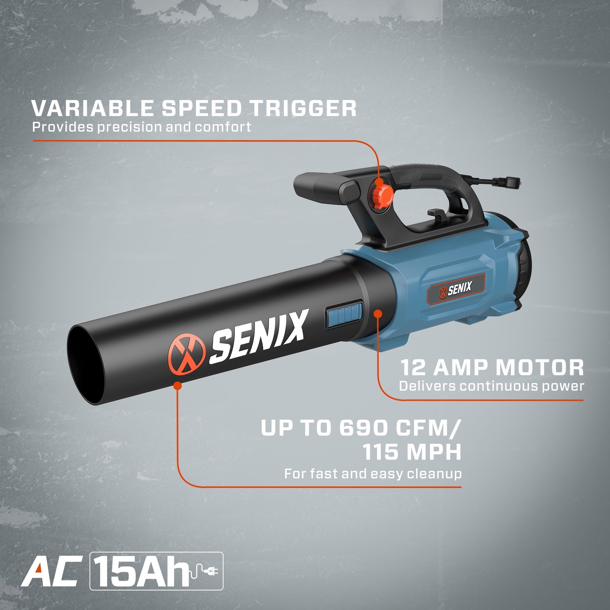 SENIX 12 Amp Corded Leaf Blower,  up To 690 CFM and 115 MPH, BLAE12-M