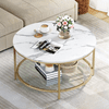DEXTRUS 2-Tier Round Coffee Table Marble Center Cocktail Table with Glass Open Storage Shelf, White & Gold