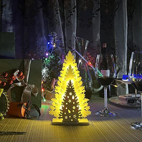Wooden Christmas Tree Tabletop Decor, ,LED Wood Craft Christmas Trees 10.1inch