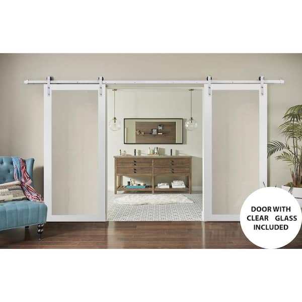 2166 48 in. x 84 in. 1 Panel White Finished Pine Wood Sliding Door with Double Barn Stainless Hardware